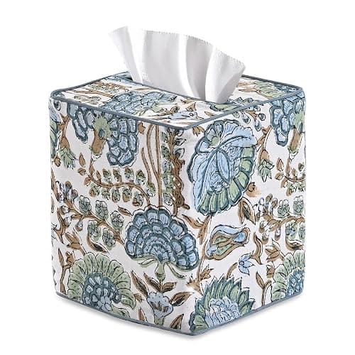 Ridhi Asparagus Green Block Print Tissue Box Cover Handmade Cotton Fabric Decorative Square Napkin Holder for Home Bedroom Living Room Bathroom Vanity Countertop Car Night Stands Office Kitchen - Image 1