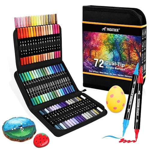 72 Colors Acrylic Paint Markers, Dual Tip with Fine Tip and Brush Tip Pens for Stone, Wood, Calligraphy, Canvas, Ceramic, Metal, Glass, Rock Painting, DIY Crafts Art Supplies Kit - 72 Color - Image 1