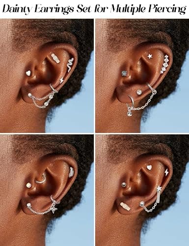 Chriscoco 33Pcs Stainless Steel Cartilage Earrings for Women Flat Back Stud Earrings Helix Earring Small Hoop Chain Earrings Hypoallergenic CZ Opal Star Heart Snake Tragus Conch Helix Piercing Jewelry thumbnail 4