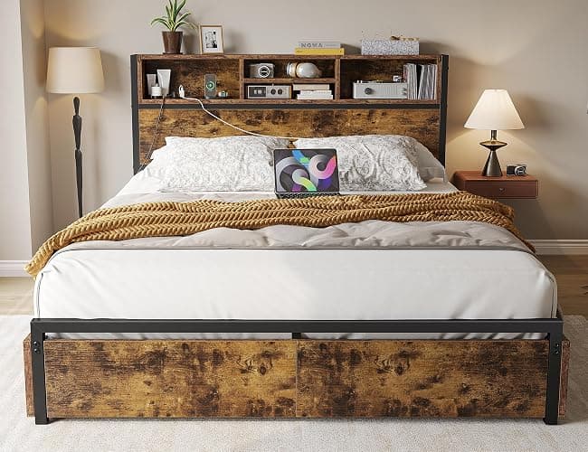 EnHomee Full Size Bed Frame with 6 Storage Drawers Full Bed Frame with Headboard, with Charging Station, No Noise, No Box Springs Needed, Vintage Brown. - Rustic Brown - Full thumbnail 9