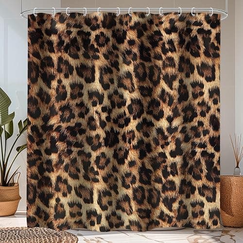 LIGHTINHOME Leopard Print Shower Curtain 72Wx72H Inch Wild Safari Skin Pattern Powerful Cheetah Cat Panthera Black Brown Fur Wildlife Waterproof Bathroom Home Decor 12 Plastic Hooks - Image 1