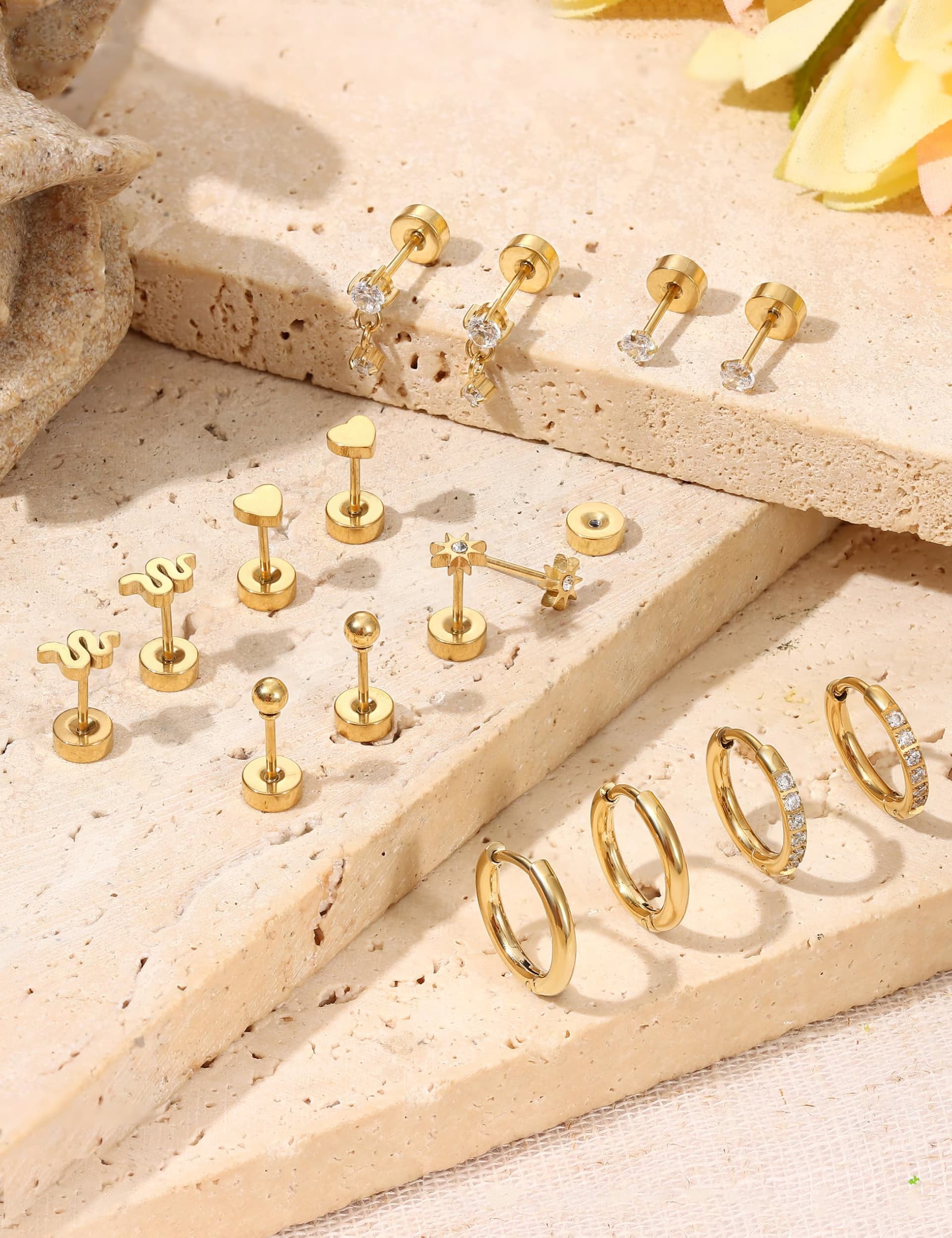 Adramata 8 Pairs Earrings Set for Women and Men Surgical Steel Earrings Studs Hoops 14k Gold Flat Back Stud Earrings Hypoallergenic Cartilage Earring Gold Helix Tragus Piercing Jewelry thumbnail 5