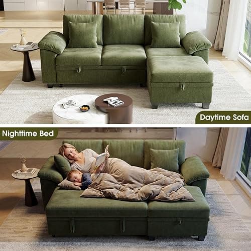 86" Modular Sectional Sleeper Sofa Bed, L Shaped 4 Seat Pull Out Couch with Storage Ottoman, Convertible Cloud Couch Bed, Sectional Couches for Living Room, Apartment (Green) thumbnail 3