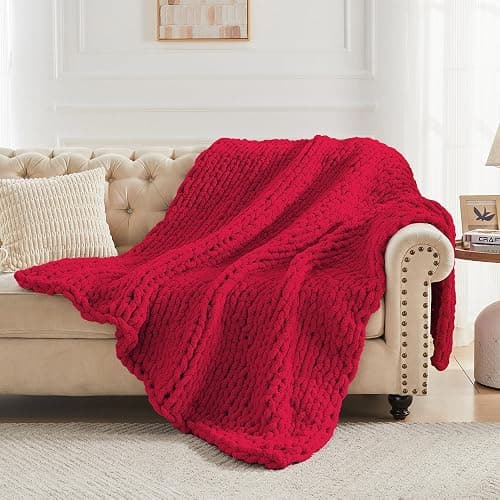 Carriediosa Chunky Knit Throw Blanket 50" X 60", 100% Hand Made Large Chenille Loop Yarn Soft Fluffy Throws for Couch Sofa Bed, Big Crochet Cozy Heavy Thick Cable Woven Blankets, Red thumbnail 6