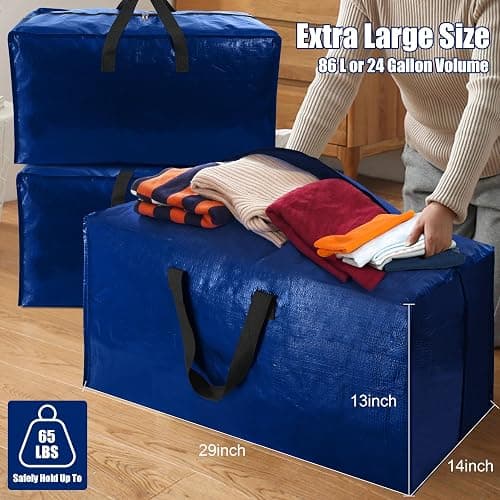 Cosy Family 4 Pack Heavy Duty Extra Large Moving Bags with Backpack Straps - Strong Handles & Zippers, Storage Totes For Space Saving, Fold Flat, Alternative to Moving Box (X-Large-Set of 4, Blue) thumbnail 2