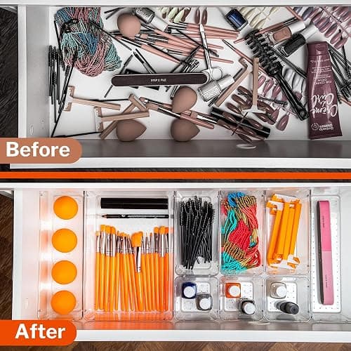 Stackzy Drawer Organiser Set – Makeup Organiser Tray for Drawers – Clear Cosmetics Container Tray for Bedroom – Utensil Cutlery Set Divider – Kitchen Storage & Organisation – 16pack thumbnail 5