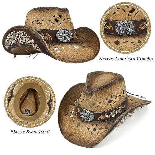 FLUFFY SENSE. Cowboy Hats for Women and Men Straw Western Hat Embroidered Cowboy Hat for Cowboys and Cowgirls thumbnail 3