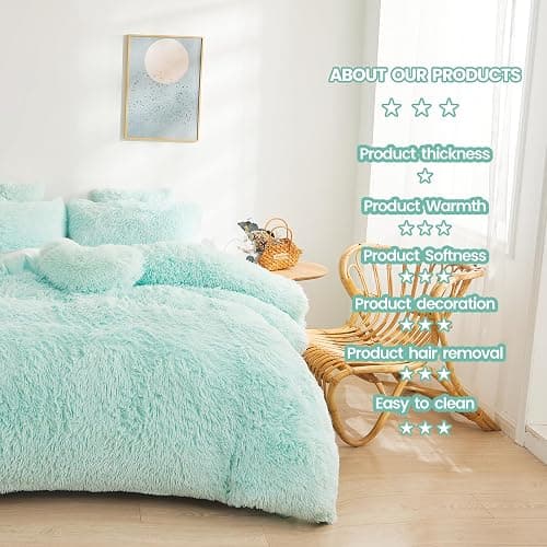 FOPPA Green Comforter Cover Set - Ultra Soft Plush Bedding Set (1 Faux Fur Duvet Cover + 2 Faux Fur Pillow Cases) Mint Green, Queen thumbnail 5