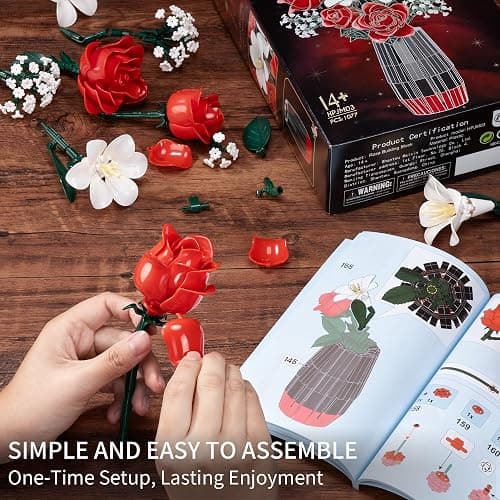 Roses Flower Bouquet Building Blocks Set with Vase, Women Men Teen Girls Gifts for Christmas, 1077PCS Botanical Collection Artificial Flowers Birthday Gifts for Her Him Wife Husband Mom Grandma Adults thumbnail 7