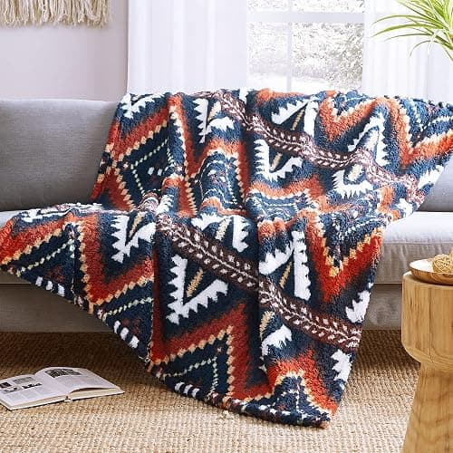 CASAAGUSTO Boho Sherpa Blanket, Aztec Twin Blanket, Ultra Soft, Warm, Cozy, Plush, Thick Fleece Western Blanket for Couch, Bed, Sofa (Navy Blue 60 * 80 Inch) - Image 1