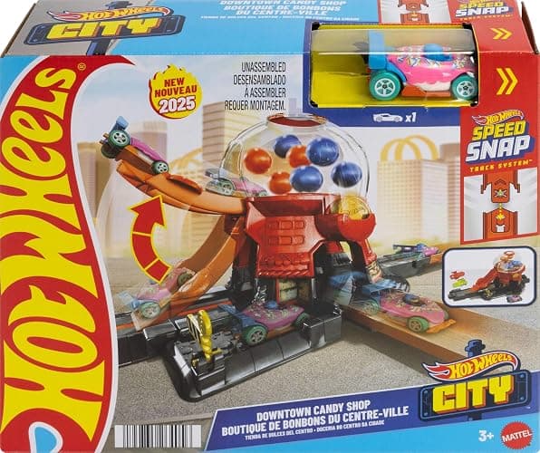 Hot Wheels Toy Car Track Set, Gumball Machine Playset with 1:64 Scale Die-Cast Donut-Shaped Vehicle & Speed Snap Track, Downtown City Candy Shop thumbnail 6