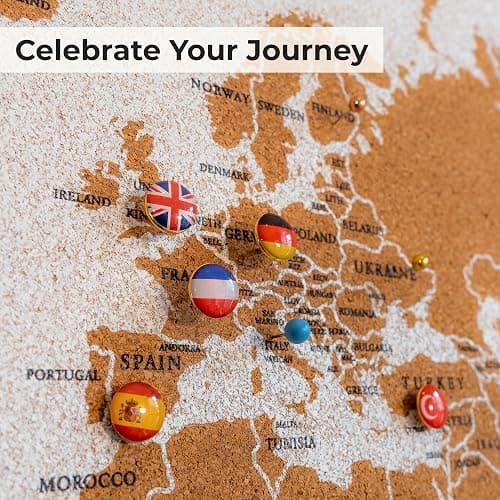 World Map Pin Board Large 30"x20" Framed | Cork Wall Map with Country Flags, Metallic & Colored Pins | World Travel Map with Pins | Unique Push Pin Map Gift for Travelers, Couples & Families. thumbnail 8