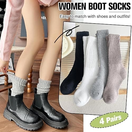 EBMORE Merino Wool Slouch Boot Socks Thermal Warm Winter Thick Scrunch Cozy Crew Socks for Women 4 Pairs thumbnail 5
