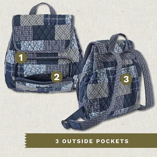 Bella Taylor Mini Backpack, Quilted Hands-Free Bag, Heritage Blue Patch | Lightweight 6-pocket quilted cotton backpack, adjustable straps, machine washable, fits water bottle, tablet, snacks, wallet thumbnail 5