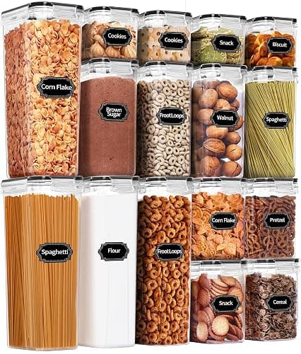 PRAKI Airtight Food Storage Container Set with Lids, 16 Pcs Plastic Dry Food Canisters for Kitchen Pantry Organizers and Storage, Ideal for Cereal, Flour & Sugar - Labels, Marker(Black) - Image 1