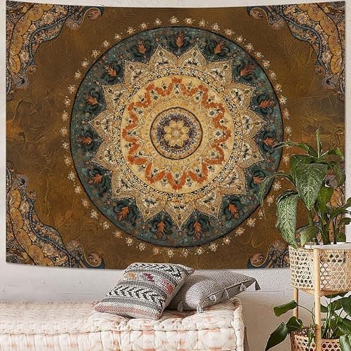 Accnicc Boho Mandala Tapestry Wall Hanging Hippie Bohemian Floral Medallion Indian Tapestry Aesthetic Small Vintage Brown Yellow Meditation Tapestries for Bedroom Living Room Dorm Decor 60 x 44 Inch thumbnail 6