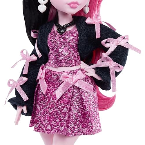 Monster High Doll, Draculaura in Pink Bow Dress and Black Cardigan with Pet Bat Count Fabulous and 7 Accessories Like Ramen, Lipstick and Purse thumbnail 2
