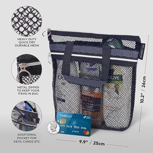 DV Lifestyle Mesh Shower Bag 10.2x9.9'' Quick-Dry Caddy with Zipper & 2 Pockets. Portable Toiletry Tote for Bathroom, Gym, Travel, Camp, Beach, for Sunscreen, Dorm & College Essentials (Black) thumbnail 3