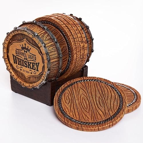 Cabin Obsession Whiskey Barrel Coaster Set – Handcrafted Whiskey Barrel Decor for Whiskey Lovers and Man Cave Gifts for Men - 6 Full Size Whiskey Coasters with Barrel Style Holder for Man Cave Décor thumbnail 4