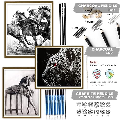 KALOUR 33 Pro Drawing Kit Sketching Pencils Set,Portable Zippered Travel Case-Charcoal Pencils, Sketch Pencils, Charcoal Stick,Sharpener,Eraser.Art Supplies for Artists Beginner Adults Teens thumbnail 5