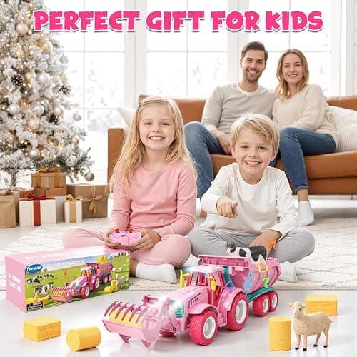 Funwee RC Farm Tractor Toy Playset with Loader, Trailer & Animals | 2.4GHz Outdoor Remote Vehicle Playset w/ Light & Music for Age 3-8, Fun RC Car Truck Gifts for Boy & Girl (Pink) thumbnail 7