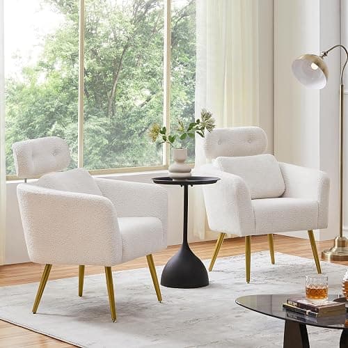 Yaheetech Tub Chair, Cozy Living Room Chair with Adjustable Headrest, Boucle Armchair with Lumbar Pillow and Golden Legs, Modern Accent Chair for Bedroom Lounge Waiting Room Office, White - White - 1 thumbnail 4