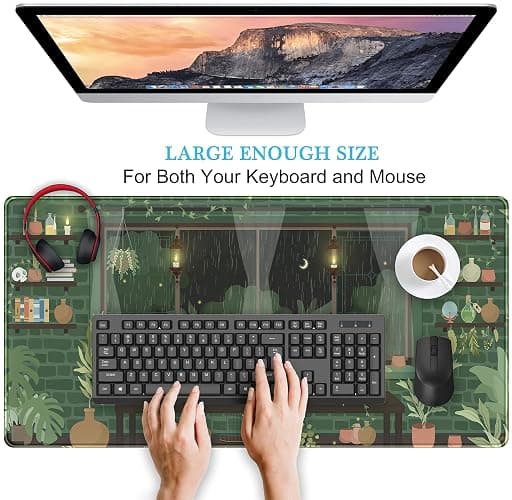 Cute Rainy Night Desk Mat Green Plants Desk Pad, Anime Black Cat Kawaii Large Gaming Mouse Pad, Moonlight Fireflies Deskmat Aesthetic Mousepad XXL, Laptop Keyboard Pad for Women Desk 31.5"x15.75" thumbnail 4