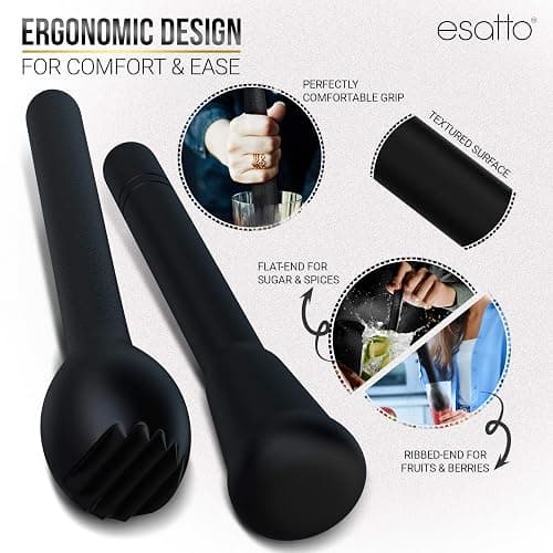 Esatto Professional Bar Tool Muddler 25 CM (9 Inches) Ribbed – Made with ABS Plastic, Black Set of 2 – Durable and Ribbed for Mashing Fruits, Berries, Sugar, Spices, and Herbs thumbnail 4