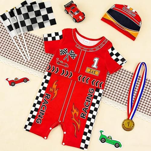 IOFUNOFAN 6pcs Fast One Birthday Outfit Boy, Race Car Driver Costume Toddler First Birthday Outfit Baby 1st -Romper 0-2T thumbnail 3