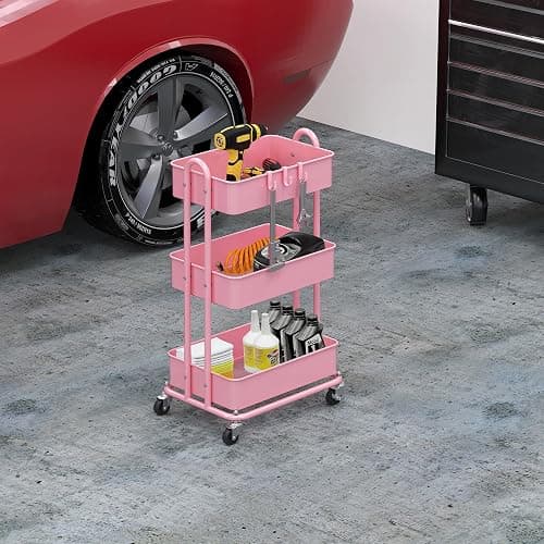 Simple Houseware 3-Tier Heavy Duty Metal Utility Rolling Cart, Pink thumbnail 5