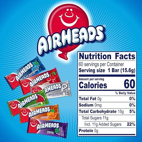 Airheads Full-Size Candy Bars,Taffy Candy Bulk Variety Pack,Individually Wrapped,Six Assorted Fruit Flavors Artificially Flavored,Box,60 Count (Pack of 2) thumbnail 13