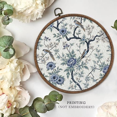 Blue and White Spring Flower Bird Round Framed Wall Art, Embroidered Chinoiserie Floral Decor, Small Gallery Wall Accent for Grandmillennial Style, Blue Wall Hanging for Bedroom Living Room-A09 thumbnail 4