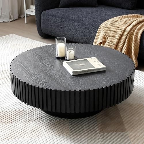 JUSTONE 31.5" Modern Farmhouse Black Round Coffee Table - Wood Drum Accent Table for Living Room,Handcrafted Relief Carving,ø31.5" x 13.8"H (Black) thumbnail 4