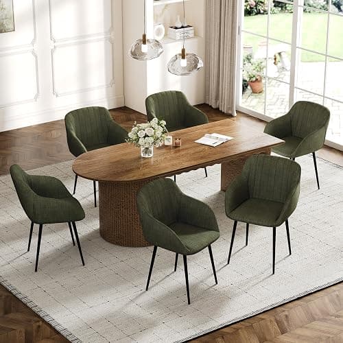 Goeurvant Esszimmerstühle 6er Set mit Armlehne, Polsterstuhl aus Leinen, Küchenstuhl mit Metallbeinen & verstellbaren Fußkappen, Moderne Armlehnenstuhl für Esszimmer, Wohnzimmer, Grasgrün thumbnail 3