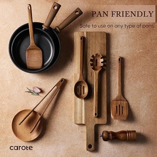 CAROTE Wooden Kitchen Utensils Set, Acacia Wood 8pcs Cooking Utensil Set for Nonstick Cookware, Long-lasting Wooden Spoons for Cooking, Spatula, Turner thumbnail 5