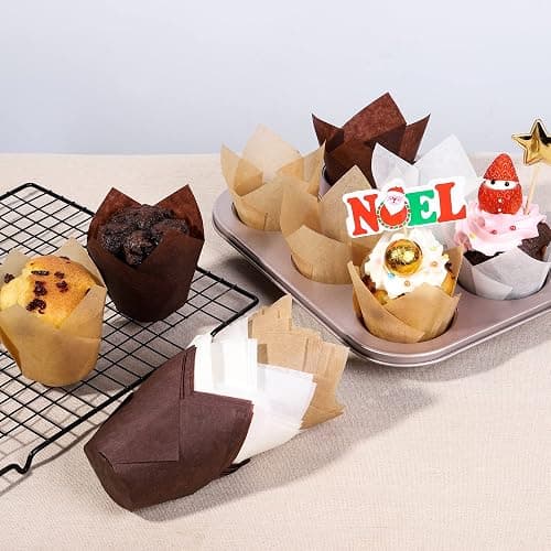 Bake Choice Nordic Paper 200pcs Tulip Cupcake Liners for Baking Cups EU Parchment paper Standard Size Tulip Muffin Liners, Cupcake Wrapper, Brown, White, Unbleached Natural for Party, Christmas thumbnail 2