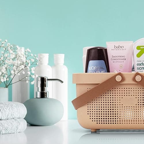 Brookstone Modern Large Portable Shower Caddy with Soft Silicone Carrying Handle, Bathroom Organizer Basket, Plastic Bath Tote and Shower Organizer, Quick Dry Drainage Holes, BPA Free, Blush thumbnail 5