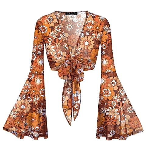 For G and PL Women Tie Front Bell Sleeve Rave Crop Tops Floral Print Hippie Mesh Sheer Shirt - Image 1