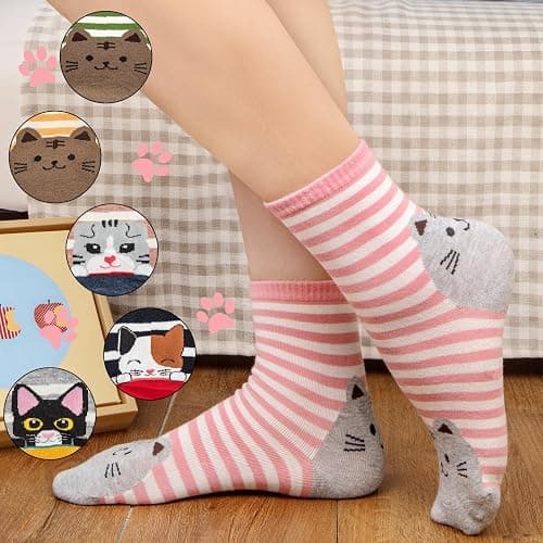 5-6 Pairs Women's Cute Cat Socks Gifts, Funny Novelty Animal Print Crew Cotton Socks Christmas Gifts for Women Girls thumbnail 4