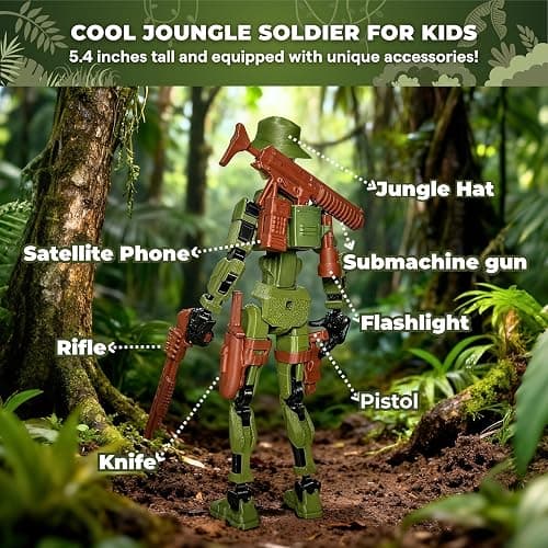 JoriBoBo T13 Action Figure (Dummy 13 / Titan 13), Jungle Soldier - 3D Printed Poseable Robot with Accessories for Stop Motion Animation | Kids Gift thumbnail 3