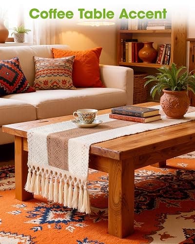 Pureegg Farmhouse Boho Table Runner - 72 Inches, Linen-Textured Woven Tassel Design for Dining Table Decor, Kitchen, Coffee Table & Living Room, 12 x 72 Inch, Brown thumbnail 7