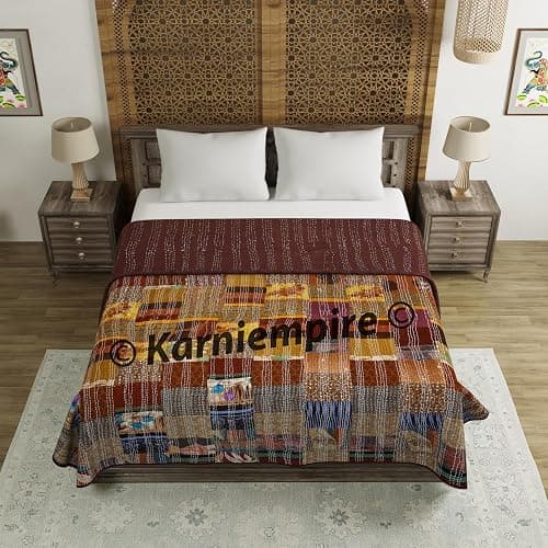 Indian Patchwork Kantha Quilt Throw Handmade Silk Sari Patola Ethnic Reversible Bohemian Bedding Bedspread Vintage Stitched Boho Gudri Blanket Bed Sofa Cover Decorative (Queen [90"X108"], Brown) thumbnail 4