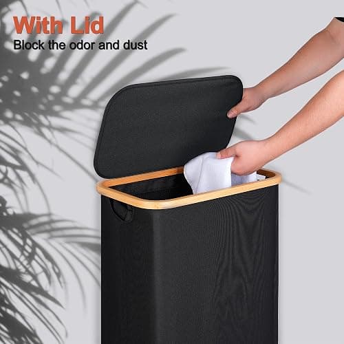efluky Slim Laundry Basket with Lid, Narrow Laundry Hamper with Removable Bag, Skinny Dirty Clothes Basket with Bamboo Handles for Bathroom, Bedroom & Laundry Room, 75L Black thumbnail 4