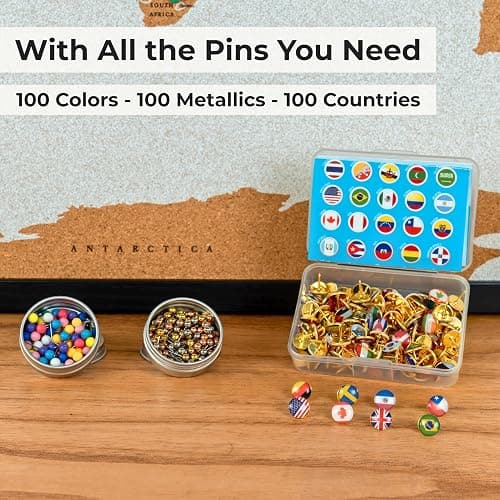 World Map Pin Board Large 30"x20" Framed | Cork Wall Map with Country Flags, Metallic & Colored Pins | World Travel Map with Pins | Unique Push Pin Map Gift for Travelers, Couples & Families. thumbnail 7
