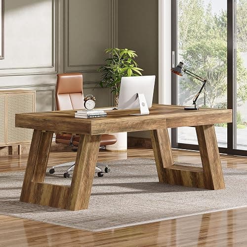 Tribesigns 63 Inches Wood Executive Desk, Large Home Office Computer Desk with Double Pedestal, Industrial Study Writing Table, Business Workstation for PC Laptop, Rustic Brown - Image 1