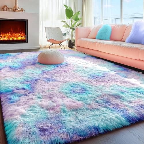 PAGISOFE Cute Furry Pastel Rug for Girls Bedroom, Soft Purple Shag Tent Rugs for Livingroom, Kids Room, Playroom, Nursery, Home Decor, Plush Mermaid Kawaii Rug, Fluffy Fuzzy Carpet, 4x6 Area Rug - 4x6 Feet - Rainbow Purple thumbnail 3