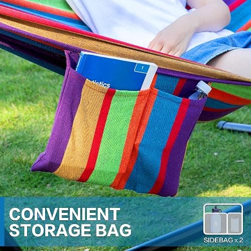 PNAEUT Double Hammocks with Stand for Outside, Portable Space Saving Heavy-Duty Steel Stand for Indoor Outdoor Patio, 450 lbs Capacity (Tropical) thumbnail 5
