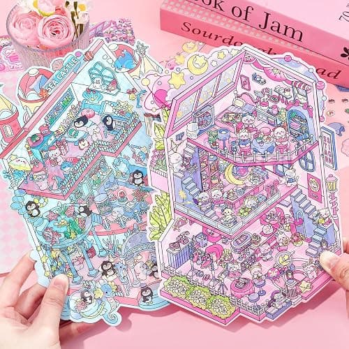 Aifong 8 Pcs Big Size DIY 3D Sticker Scene 8.3 x 11.8 Inch Sticker Therapy Cute Cartoon Stickers Scene Make Your Own Scenes Miniature Room for Relief Stress thumbnail 8