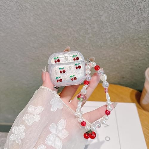 JANDM 3D Cherry Case with Keychain for AirPods 4, Clear Diamonds Aesthetic Shockproof Cover with Cute Pearl Strap for Women Girls Protective Cover thumbnail 2
