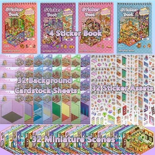 4 Sticker Books (1200+), 32 DIY 3D Scene Sticker Collection with Tweezers, Reusable Creative Craft Set, Aesthetic Art Supplies & Party Favor thumbnail 3